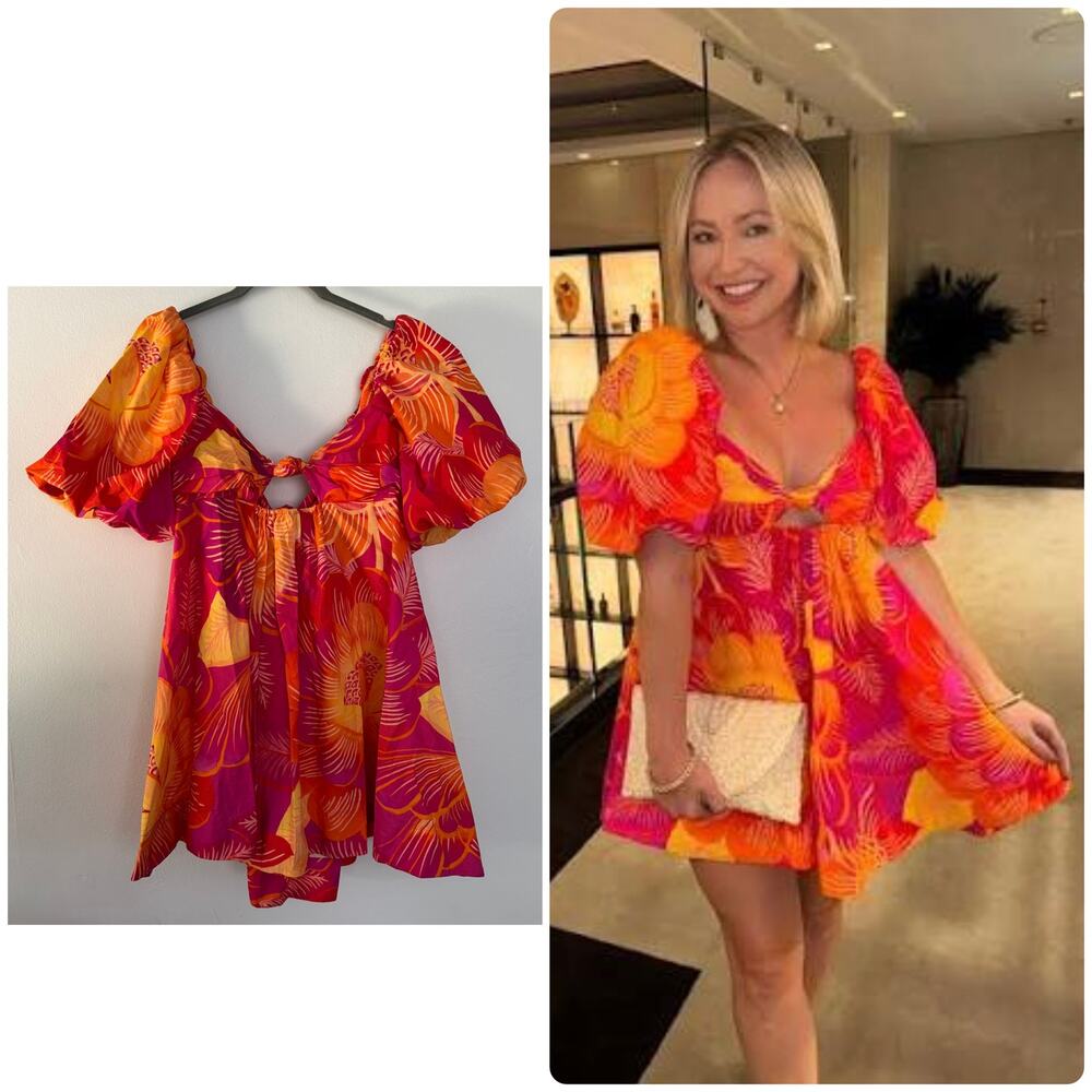 Farm Rio Summer Garden Ombré Puff-Sleeve Tie-Back Mini Dress